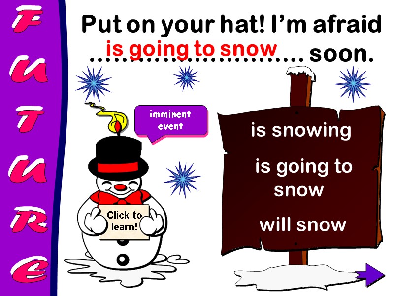 FUTURE Put on your hat! I’m afraid ………….………….. soon.   is going to